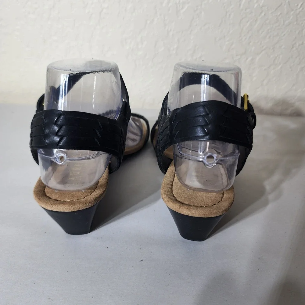 Lauren Ralph Lauren Black Leather Woven Wedge Sandals Womens 7.5B Low Heel